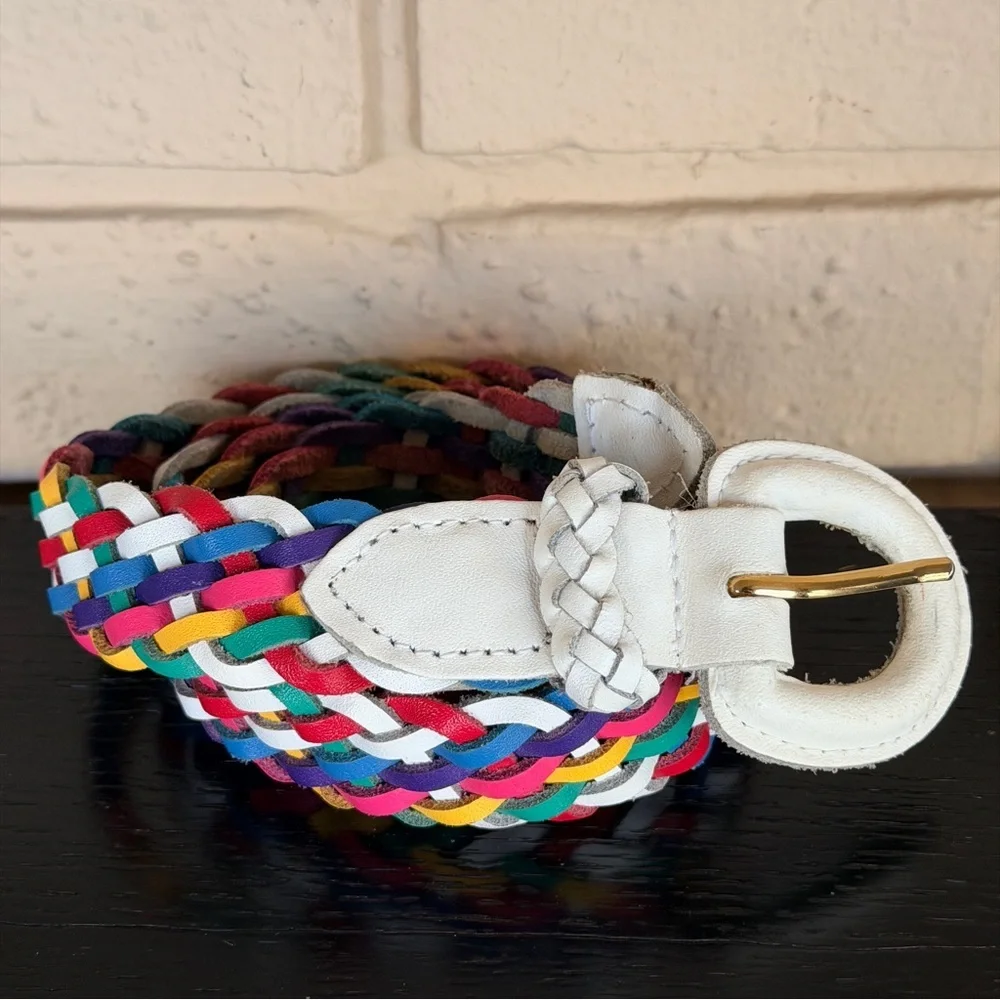 Vintage 80s Rainbow Colorful Cord Braided Belt White Leather Buckle Accent 1X